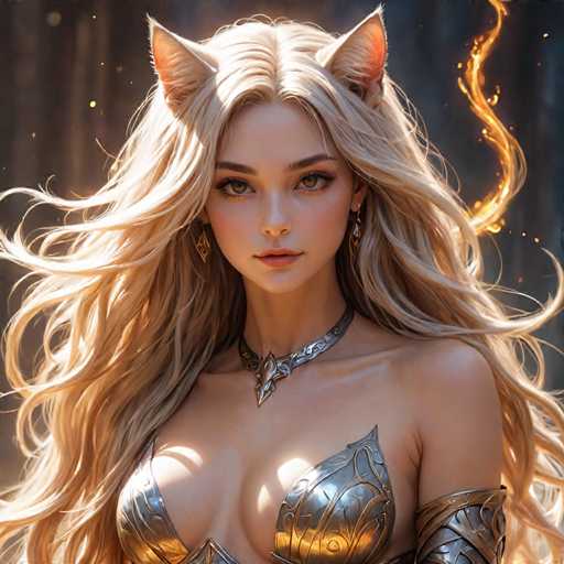 A woman with blonde hair and gold earrings is depicted wearing a golden outfit that includes a corset and a headdress. The background features a blurred forest or trees, suggesting an outdoor setting.