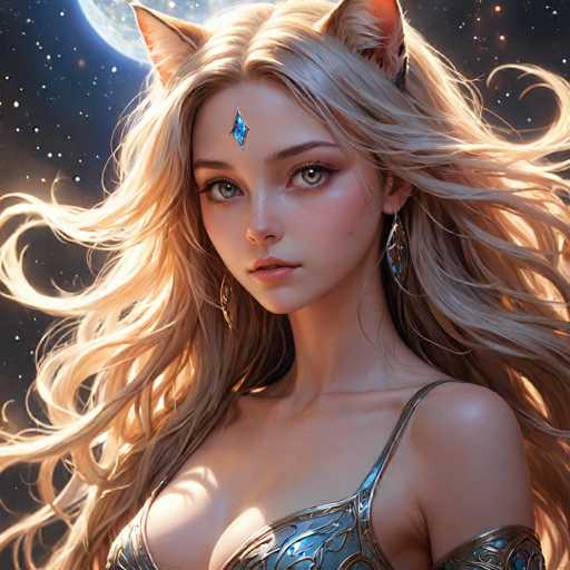 A woman with blonde hair and blue eyes is depicted wearing a gold dress adorned with intricate designs. She has her hair styled in loose waves that fall around her shoulders. The background features a dark sky filled with stars, creating an ethereal atmosphere.
