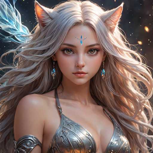 A woman with blonde hair and blue earrings is depicted wearing a silver braided dress that features intricate designs on the bodice. The background of the image is dark and filled with stars, creating an otherworldly atmosphere around her.