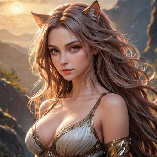 The image depicts a woman with long blonde hair and striking blue eyes wearing a white dress adorned with gold accents. The background features a mountainous landscape under a clear sky, creating an ethereal atmosphere around the woman.