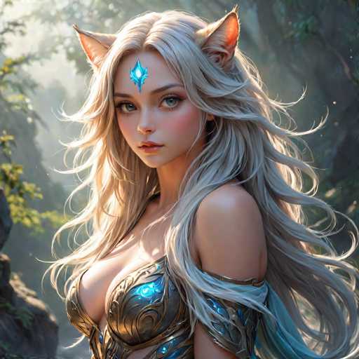 A woman with blonde hair and blue eyes is depicted wearing a golden dress adorned with intricate designs. The background features trees and foliage, suggesting an outdoor setting or forest environment.