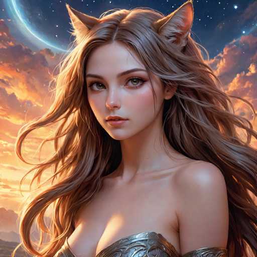 The image depicts a young woman with long blonde hair and large ears wearing a dress that appears to be made of metal or silver. The background features a sky filled with clouds and the moon visible in the top left corner.