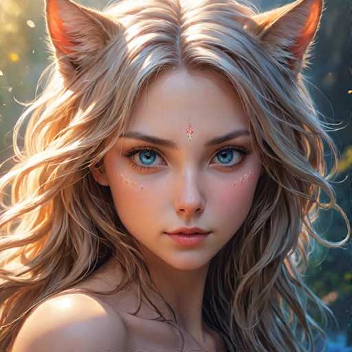 The image shows a close-up portrait of a young woman with blonde hair and blue eyes. The woman is wearing minimal makeup, giving her a natural look. She has long, flowing hair that cascades down to the ground, adding a sense of movement to the scene. The background features trees and bushes, suggesting an outdoor setting or perhaps a forest.