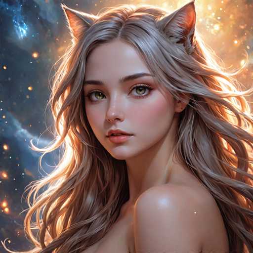 The image shows a close-up portrait of a young woman with long blonde hair and striking green eyes. She is looking directly at the camera, her gaze full of intensity and emotion. The background features a vibrant display of colors and lights that create an otherworldly atmosphere, suggesting a fantastical or magical setting.
