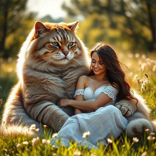 A woman is sitting on a large cat's back in a field with tall grass and wildflowers.