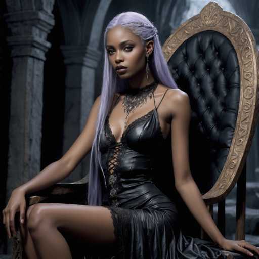 A woman with long purple hair is seated on a throne-like chair in an old building, wearing a black dress and earrings.