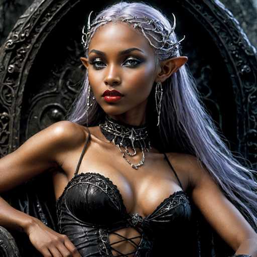 A woman with long purple hair is seated on a throne-like chair, wearing a black corset and earrings that include large silver tiaras.