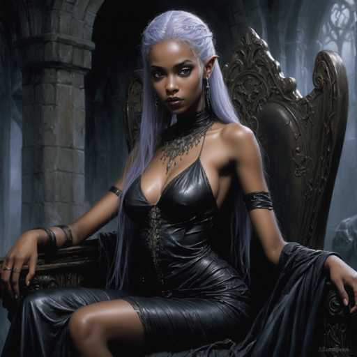 A woman with long purple hair is seated on a throne-like chair, wearing a black dress and earrings. The setting appears to be an old castle or cathedral, suggesting the image may have been taken in a historical period.