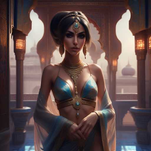 The image depicts a woman wearing traditional Middle Eastern attire, including a blue and gold dress with a large headpiece adorned with jewels. She is standing on a balcony overlooking an urban landscape, suggesting the scene may be set in a city or town within the Middle East. The woman's pose and expression convey a sense of elegance and grace as she gazes directly into the camera.