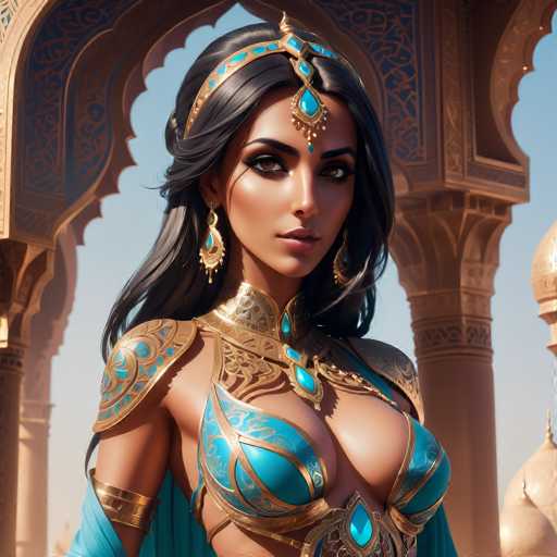 The image shows a woman with long dark hair wearing a blue and gold dress adorned with intricate designs. She is positioned in front of an ornate archway that features a pattern of arches and columns. The background appears to be a desert or sandy area, suggesting the setting could be a desert city or a desert-themed location.