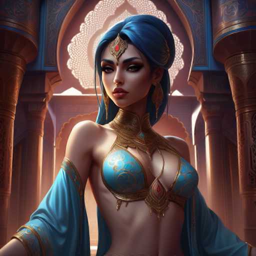 The image depicts a woman with blue hair and a gold headdress standing in front of an ornate archway. The woman is wearing a blue dress that matches her hair color, and she has a gold necklace around her neck. The background features a large archway adorned with intricate designs, suggesting the setting could be a palace or a grand building.