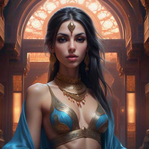 The image depicts a woman wearing a blue dress and gold jewelry, including a large gold headpiece with a diamond on top of her head. The background features an archway leading to another room, suggesting the setting could be a grand hall or palace.