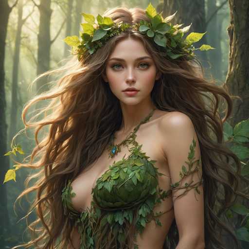 A woman with long brown hair is wearing a green headband and necklace made of leaves. She has her arms crossed over her chest and is looking directly at the camera. The background features trees and foliage, suggesting an outdoor setting in a forest or natural environment.