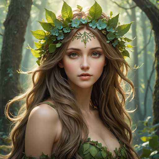 The image shows a woman with long brown hair wearing a green dress adorned with leaves and flowers. The background is filled with trees and foliage, creating an impression of being in a forest or woodland setting.