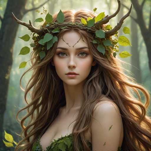 A young woman with long brown hair is wearing a crown made of green leaves and branches on her head. The crown is adorned with small white flowers that add a touch of elegance to the overall look. She has striking green eyes and a radiant smile, which adds to the charm of the image.
