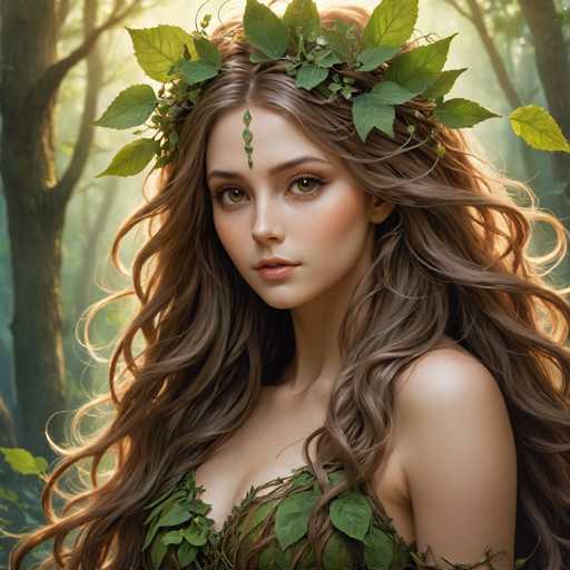 The image shows a woman with long brown hair wearing a green headband adorned with leaves and flowers. The background is blurred, suggesting the focus is on the woman's face and her attire in the forest setting.