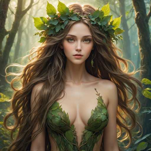 The image shows a woman with long brown hair wearing a green leafy headdress and a dress made of leaves. The background is a forest filled with trees and foliage.