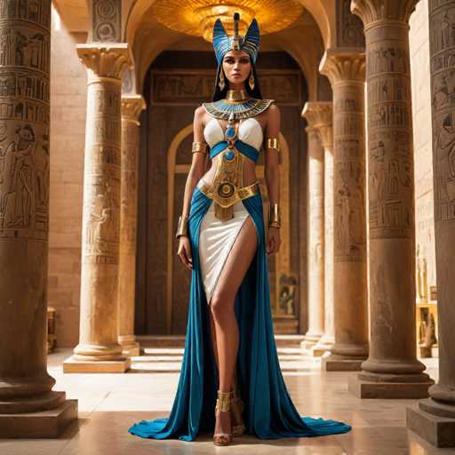 The image shows a woman wearing an Egyptian-style dress and headdress standing in front of a large column with intricate carvings. The woman is positioned on the left side of the frame, facing towards the right. She appears to be posing for the photo, which captures her from behind.