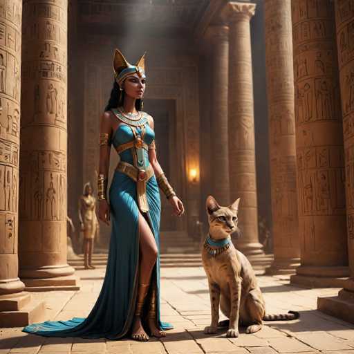 A woman dressed in a blue gown and gold earrings stands next to her brown cat on a stone floor within an ancient Egyptian temple.
