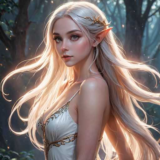 A woman with blonde hair wearing a white dress and gold earrings is the main subject of this digital illustration. The background features trees and foliage, creating an impressionistic style that emphasizes light and shadow to convey depth and atmosphere.