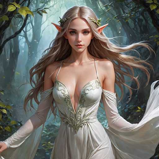 A beautiful young woman with blonde hair and long sleeves is standing in a forest surrounded by trees and bushes. She is wearing a white dress that has intricate designs on it, and she is holding a wreath of leaves in her right hand. The background is dark and filled with trees and bushes, creating an atmosphere of mystery and enchantment.