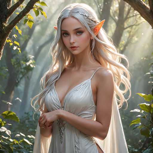 A woman with blonde hair and a white dress stands in a forest surrounded by trees and foliage. She is wearing earrings that match the color of her dress. The background features a mix of green leaves and branches, creating a natural and serene atmosphere.