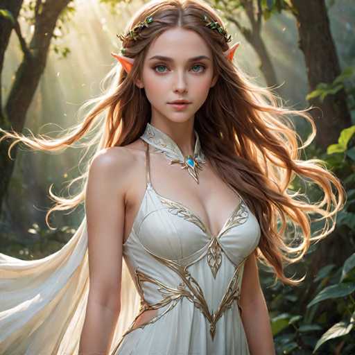 A young woman with long blonde hair is standing in a forest surrounded by trees and foliage. She is wearing a white dress adorned with gold accents and a crown on her head. The background features the dense greenery of the forest, creating an atmosphere of mystery and enchantment.