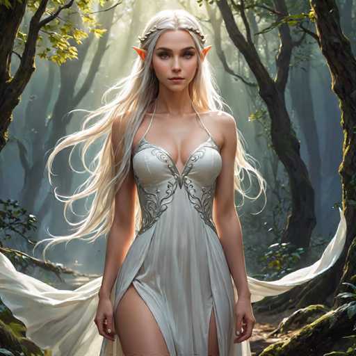A woman with blonde hair and a white dress stands in front of trees in a forest, wearing an elegant white gown that flows down to her knees.