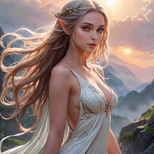 A woman with blonde hair and a white dress stands against a backdrop of mountains and clouds at sunset.
