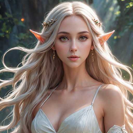 A woman with blonde hair and gold earrings is the main subject of this digital illustration. She has a white dress on her body and is looking directly at the camera. The background features trees and foliage, suggesting an outdoor or natural setting.