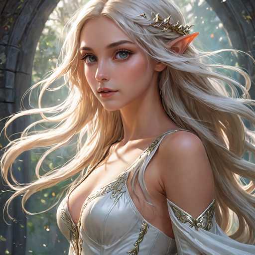 A woman with blonde hair and a white dress is the central figure in this digital illustration. She has long hair that cascades down her shoulders, adding an ethereal quality to the image. The background features a stone archway adorned with leaves, creating a sense of depth and enhancing the overall composition. The woman's gaze is directed straight at the viewer, engaging them in conversation or storytelling.