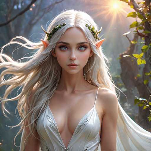 A woman with blonde hair and blue eyes is standing in a forest surrounded by trees and bushes. She is wearing a white dress that has green leaves on it, and she is holding a wreath of flowers in her hair.