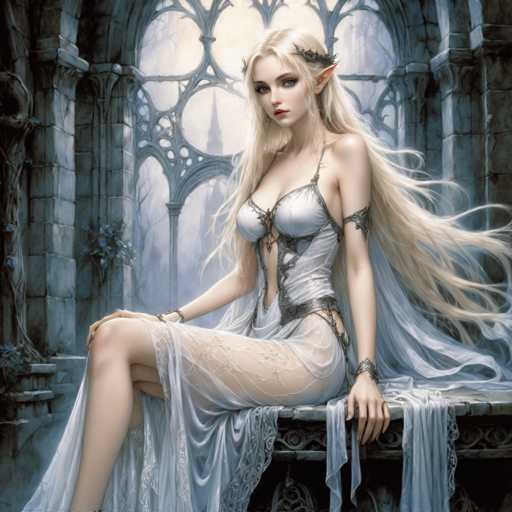 A woman with blonde hair and blue eyes is depicted sitting on a stone bench inside an old building. She is wearing a white dress that has a lace bodice and skirt, and she is holding a flower in her hand. The background features a large window adorned with stained glass, and the stone walls of the building are decorated with intricate carvings.