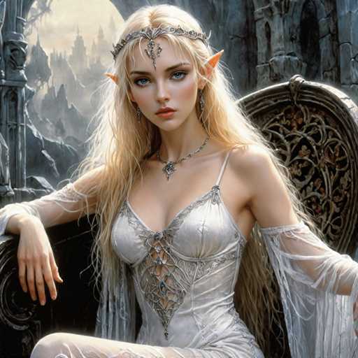 A woman with blonde hair and blue eyes is depicted as a princess or queen sitting on a throne-like chair. She wears a white dress adorned with intricate silver designs and a crown on her head. The background features a castle-like structure with a moat and drawbridge, suggesting a medieval setting.