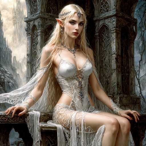 A woman with blonde hair and blue eyes is depicted as a fairy or elf in an ethereal white dress adorned with intricate silver jewelry. She is seated on a stone bench, her back to the viewer, wearing a crown on her head that adds to her regal appearance. The background features a castle-like structure with towers and turrets, suggesting a medieval setting.