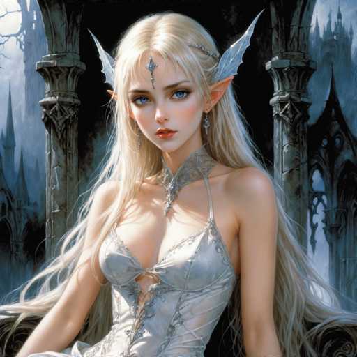 A woman with blonde hair and blue eyes is depicted wearing a white dress adorned with silver accents and a tiara on her head. She is seated on a throne-like structure, which appears to be made of stone or metal, possibly part of an architectural design inspired by Gothic architecture. The background features a castle-like structure with pointed arches and towers, suggesting the setting could be a medieval or fantasy-inspired world.