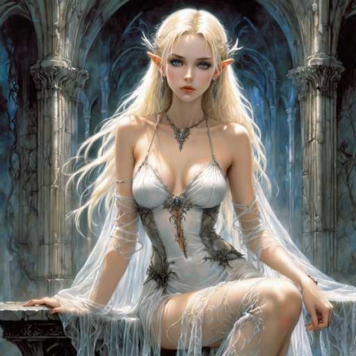 A woman with blonde hair and blue eyes is depicted as a fairy or elf in a white dress adorned with intricate designs. She is seated on a stone bench, wearing a necklace that features a large blue gemstone at the center of her neck. The setting appears to be an old building, possibly a castle, with columns visible behind her.