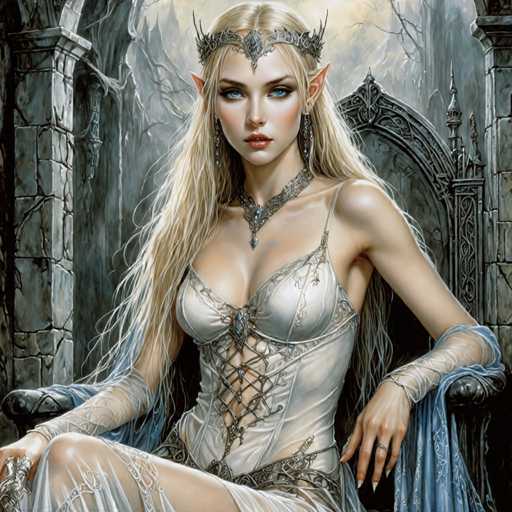 A woman with blonde hair and blue eyes is depicted wearing a white dress adorned with intricate silver designs and a crown on her head. She is seated on a throne-like chair, which has a blue and gold color scheme. The background features a stone wall with a window that allows light to enter the room.