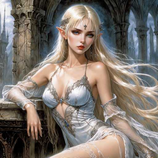 A woman with blonde hair and blue eyes is depicted wearing a white dress adorned with silver accents and gold accents on the bodice. She is seated against a stone wall, which appears to be part of an old castle or cathedral. The background features a Gothic-style building with arches and columns, suggesting that this scene takes place in a historical or medieval setting.