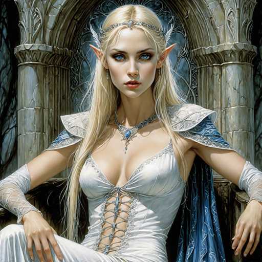 A woman with blonde hair and blue eyes is depicted wearing a white dress adorned with silver accents and a crown on her head. She is seated in front of an ornate stone archway, which appears to be part of a castle or palace setting. The background features trees and other architectural elements that contribute to the overall atmosphere of the scene.