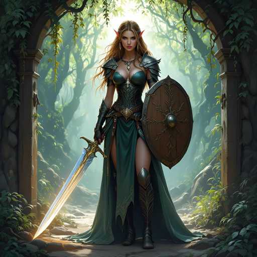 A woman with long blonde hair and red ears stands in a forest, wearing a green dress and holding a sword and shield.