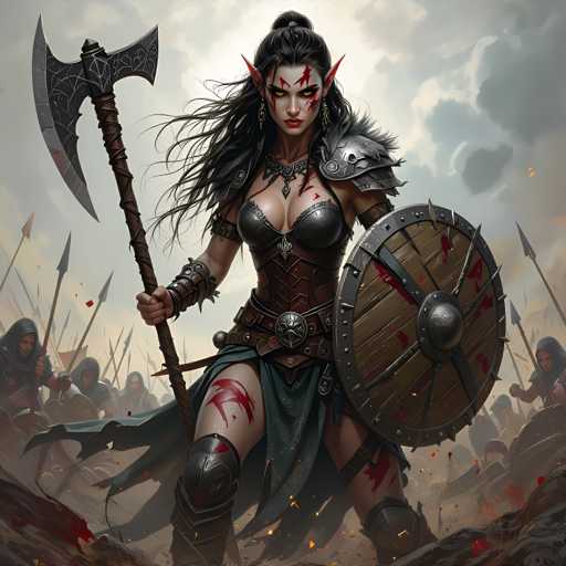 A woman with red hair and a fierce expression stands amidst chaos, holding an axe and shield. She is dressed in a green outfit adorned with gold accents, and her face is painted white with red accents. The background shows a chaotic scene of people and debris, suggesting a battle or conflict.