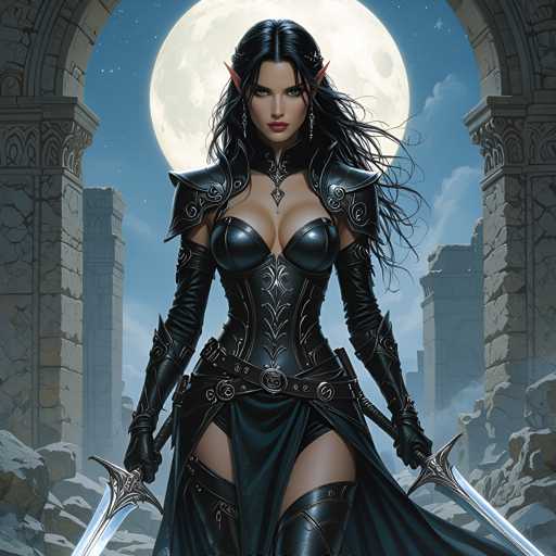 The image depicts a woman dressed in medieval-style armor and clothing, standing in front of an archway with a full moon behind her. She is holding two swords in each hand, suggesting she may be a warrior or knight. The background features a castle-like structure, further emphasizing the medieval theme.