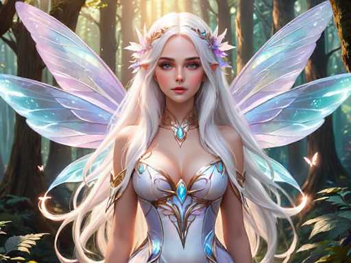 A beautiful fairy with long blonde hair and blue wings is standing in a forest surrounded by trees and bushes. She is wearing a white dress adorned with blue jewels and a crown on her head. The background features a lush green forest filled with trees and bushes.