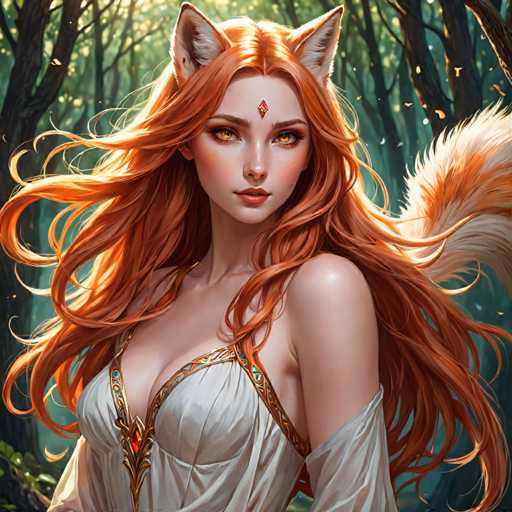 A woman with long red hair and a white dress is the central figure in this illustration. She has striking red eyes that contrast beautifully against her vibrant red hair. The background of the image features trees and foliage, suggesting an outdoor setting or forest environment.