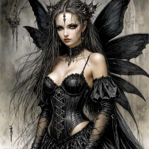 A woman with long dark hair and a black dress stands against a gray background adorned with white lines and shapes. She wears a corset and a headdress with wings, giving her an ethereal appearance. The image is in black and white, adding to the dramatic effect of the scene.