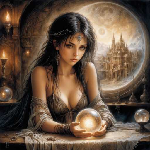 A woman with long dark hair is seated at a table, holding a crystal ball and gazing towards the viewer. The table also holds several other objects, including candles and a mirror.