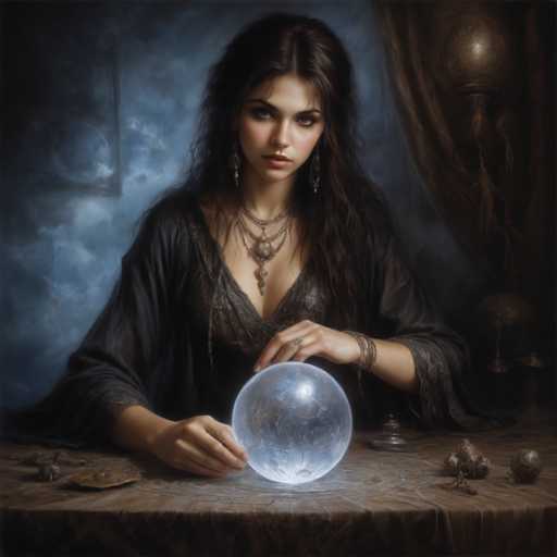 A woman with long dark hair is seated at a table, holding a crystal ball and gazing into it. She is wearing a black dress that contrasts with the blue background of the painting. The painting features a brown curtain in the background, adding depth to the scene.