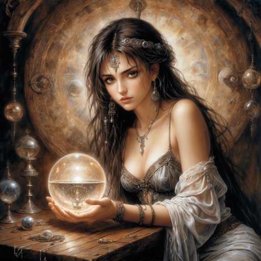 A woman with long dark hair is seated at a table, holding a crystal ball and gazing at it intently. She is wearing a headpiece adorned with jewels that glimmers under the light. The background features an intricate design of circles and lines in shades of brown and gold, creating a sense of depth and mystery.