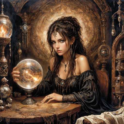 A woman with long dark hair is seated at a table, holding a crystal ball and gazing into it. The table is covered with various objects, including a lamp and a clock.